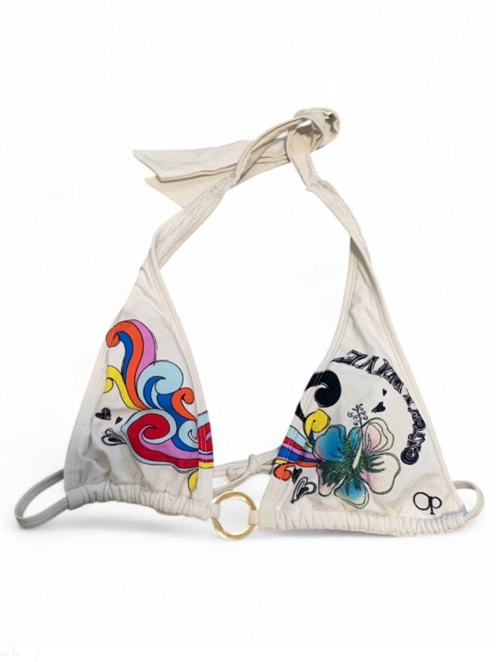 Y2K OP White Triangle Bikini Top with Colorful Floral Swirl Print
